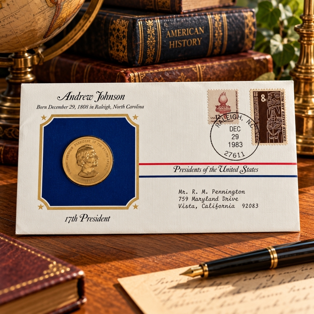 Andrew Johnson Presidential Medal Cover 24kt Gold Plated 1983 Postal Society